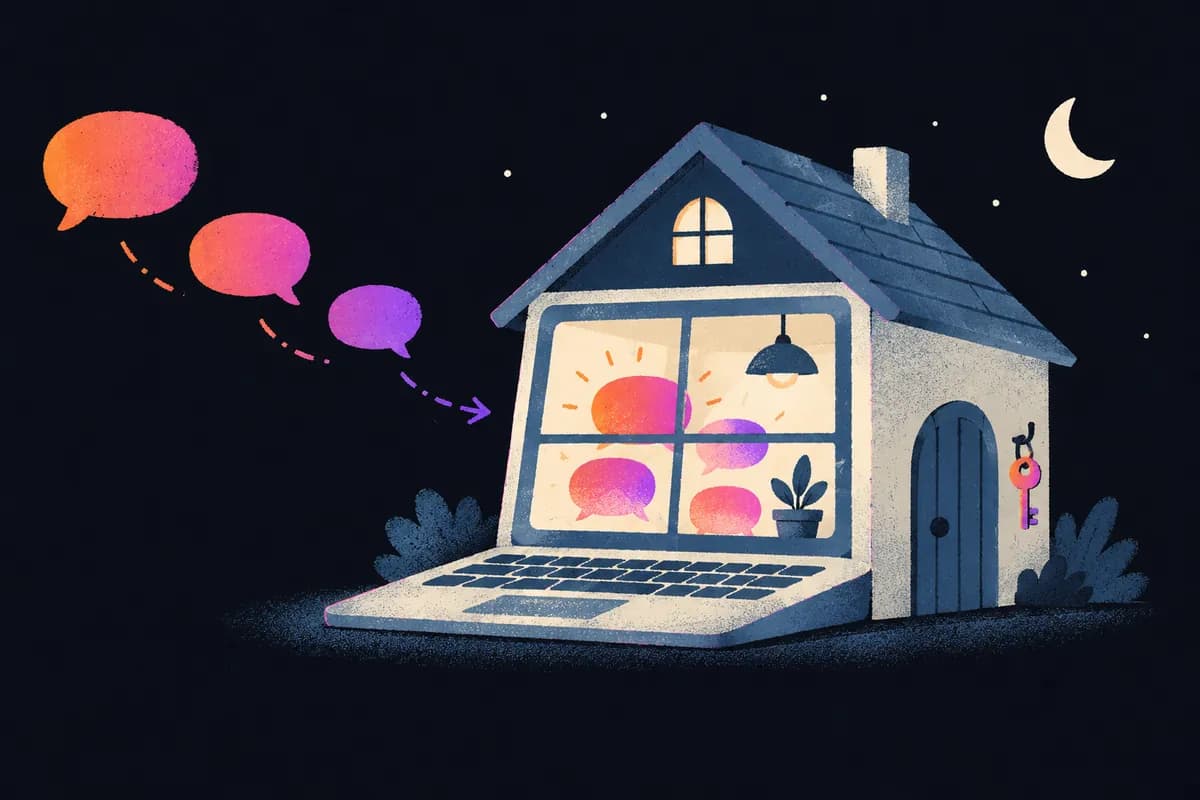 Illustration: a Mac as a closed box. Your words stay inside, and the one door is shut until you open it.