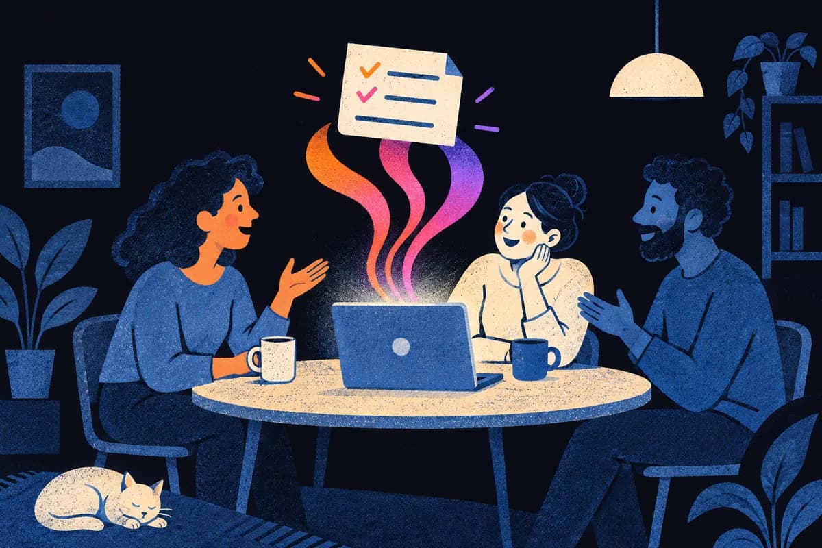 Illustration: people talk at a table, a Mac listens, and the conversation turns into a note card.