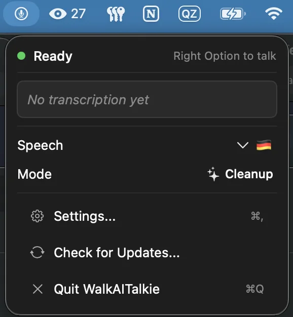WalkAITalkie menu bar interface showing ready state