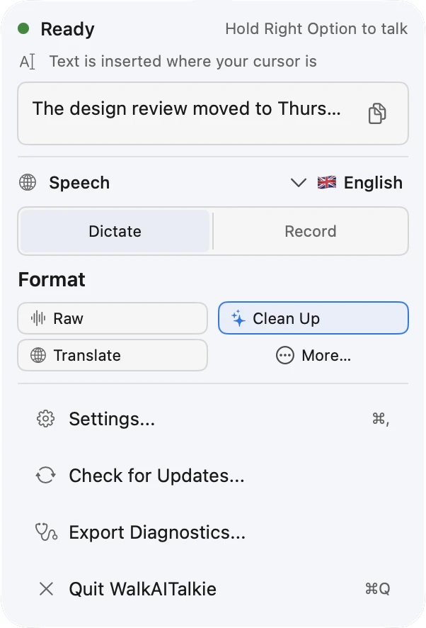 WalkAITalkie-Popover in der Menüleiste: Ready, Sprachauswahl, Dictate und Record, Format-Raster mit Raw, Clean Up und Translate