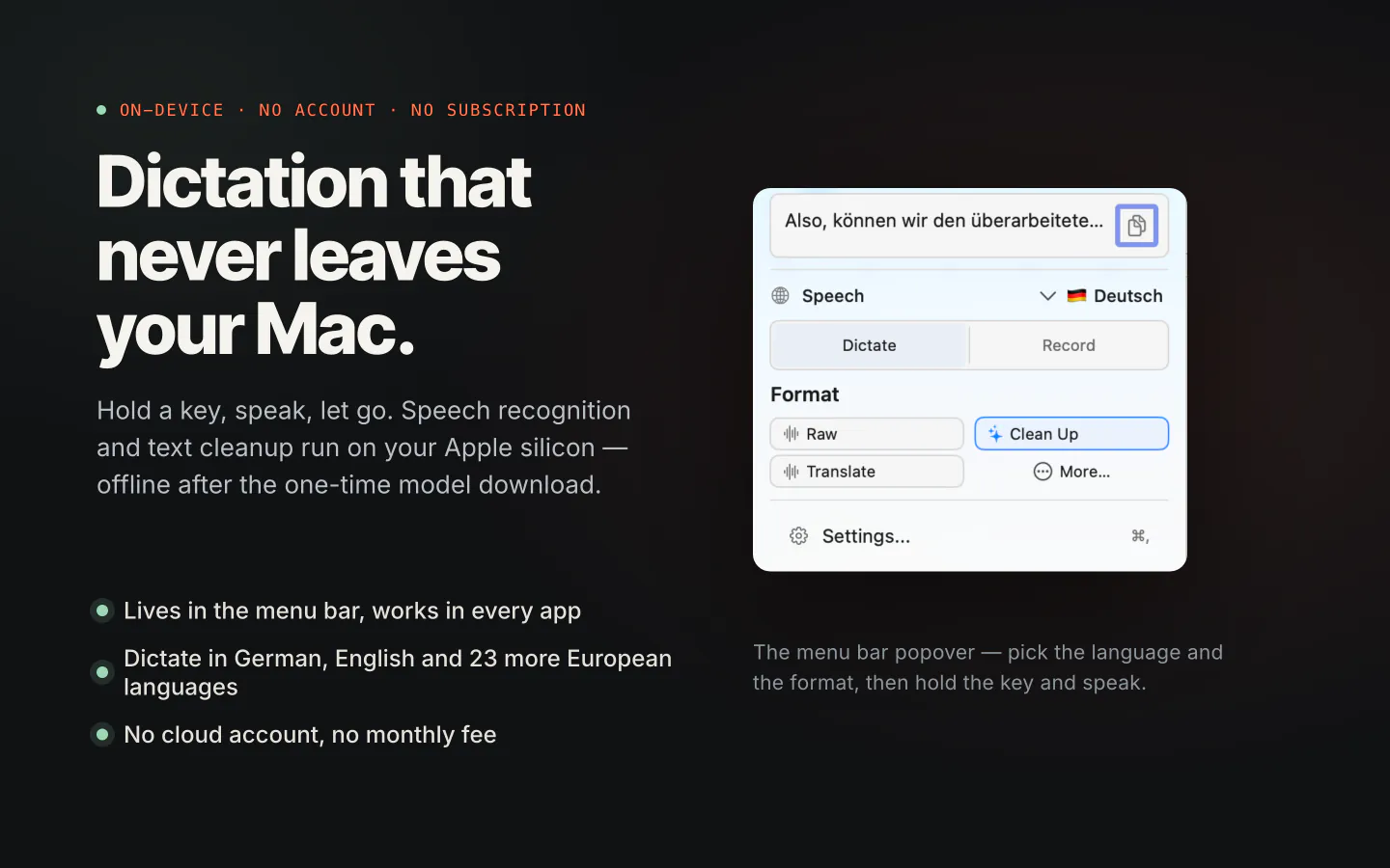 The menu bar popover: pick a language and a format, then hold the key