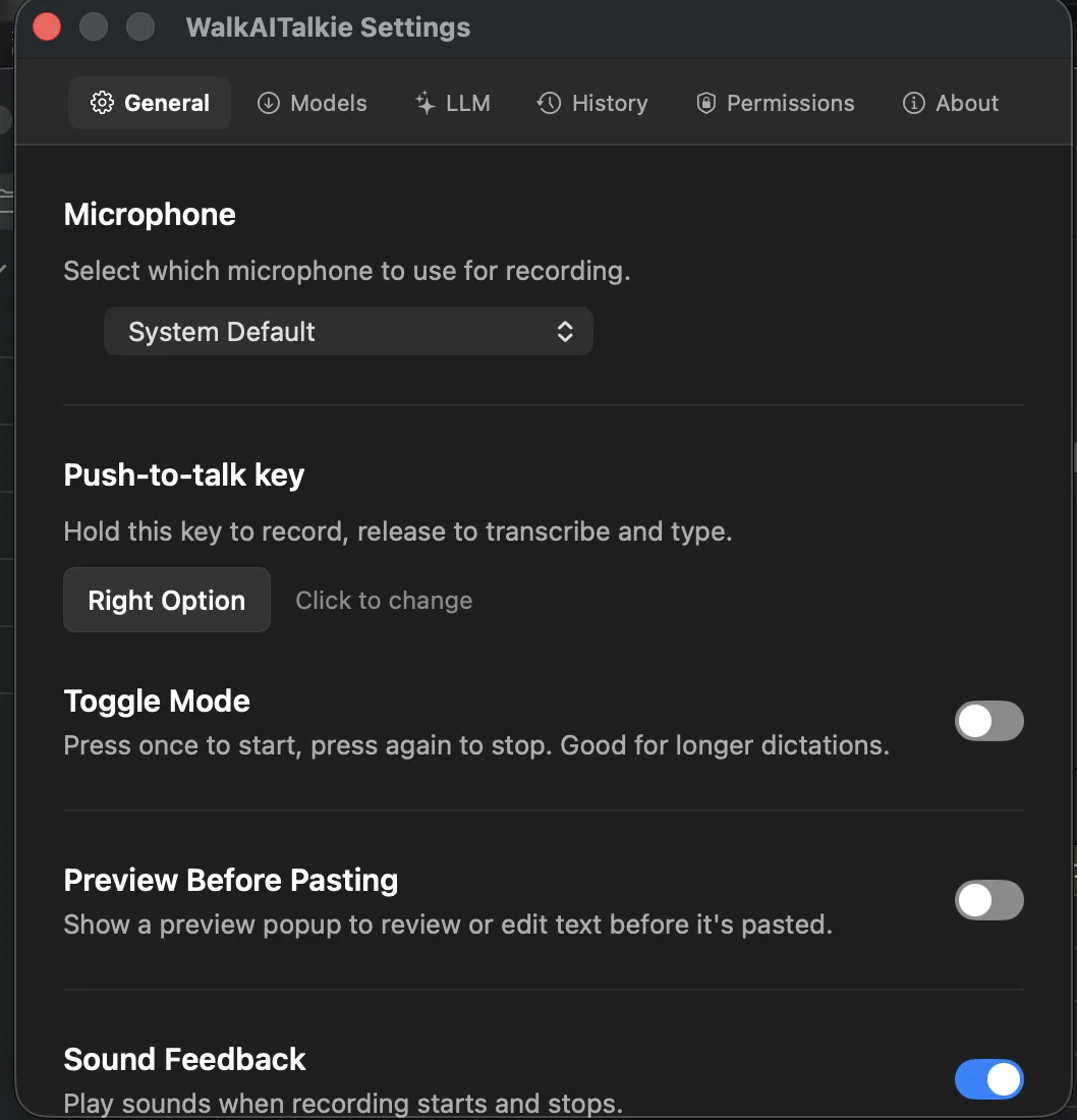 WalkAITalkie settings window showing general configuration