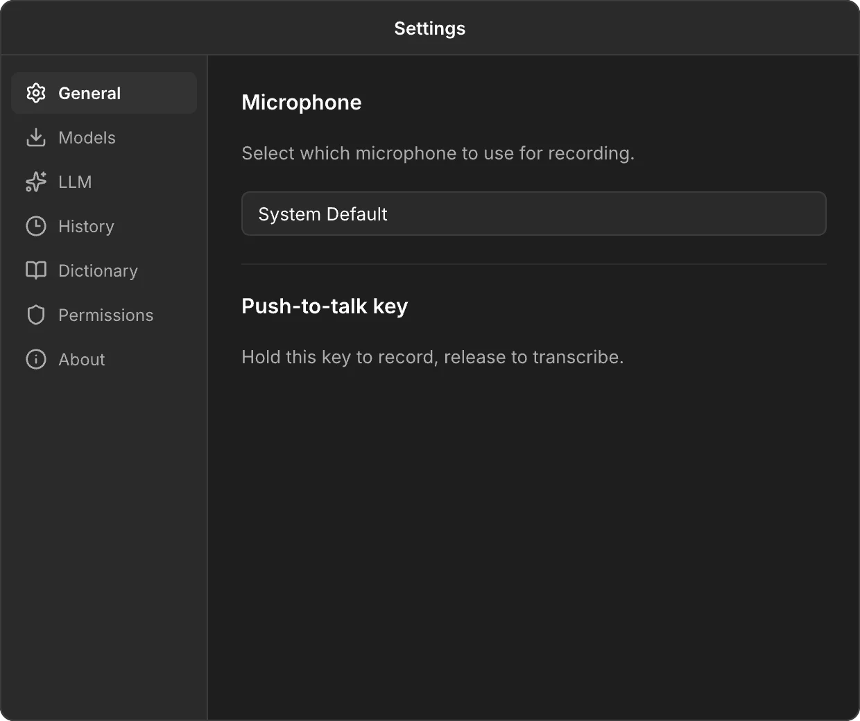 WalkAITalkie settings window with sidebar navigation