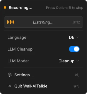 WalkAITalkie menu bar showing recording toggle